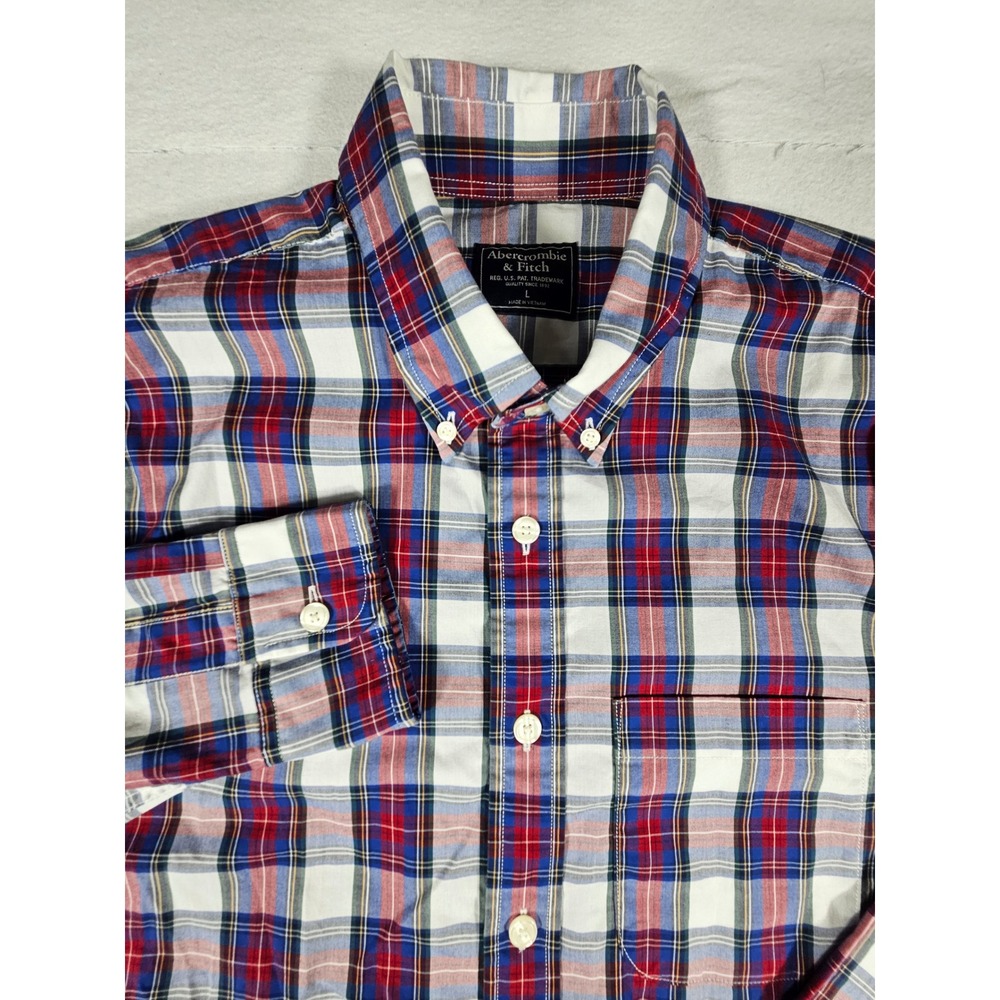 Abercrombie & Fitch Men Large Red White Blue Plaid Button Down Shirt L Long Slve